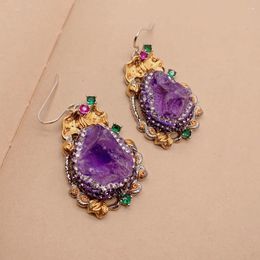 Dangle Earrings KKGEM24x34mm Natural Purple Amethyst Rough Crytsal Pave Danlgle Hook Earrigs Party Jewellery