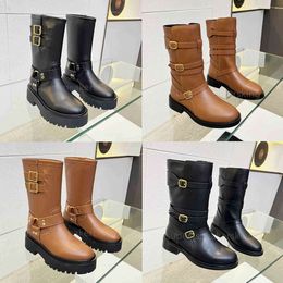 Designer Women Boots BULKY LACE Boots Leather Cowboy Loafers Winter Buckle Platform Boots Desert Knight Boots Size 35-41 With Box