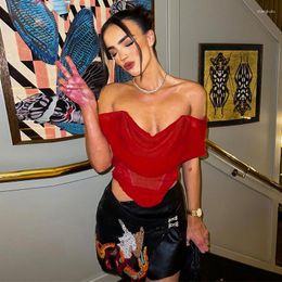 Women's T Shirts Red Crop Top Mesh Corset For Women Tube Summer Night Club Party Outfits Off Shoulder Tank Strapless Sexy Tops Lady Vest