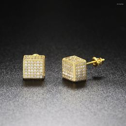 Stud Earrings Iced Out Cube For Women Hip Hop Square Micro Pave Crystal CZ Gold Color Earing Men Punk Jewelry Accessories OHE109