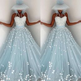 Light Blue Mermaid Evening Dresses Butterfly Appliques Sequin Pleat Prom Gowns Sexy Halter Ladies vestido de novia