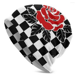 Berets Chequered Rose Cycling Skiing Outdoor Cap Unisex Checkers Abstract Art Roses Black And White