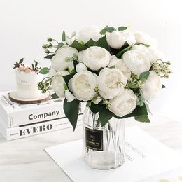 Vases 30cm Rose White Peony Artificial Flowers Bouquet 5 Big Head and 4 Bud Fake Flowers for Home Wedding Decoration Indoor 230824