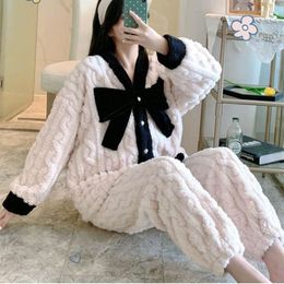 Women's Sleepwear Bow Women Pyjamas Set Fleece Winter 2 Piece Pant Home Suit Fluffy Button Cute Piiama Warm Velvet Night Wear 2023