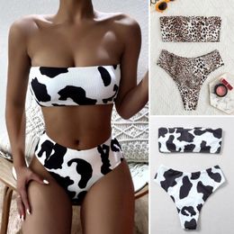 Women's Swimwear 2 Pcs/Set Summer Bikini Set Leopard Print Off Shoulder Sleeveless Backless Contrast Colour Bathing High Waist Padded