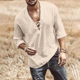 Men's T Shirts Men Cotton Linen Summer Oversize V Neck Shirt Solid Long Sleeve Loose For Casual Blouse Streetwear Tops