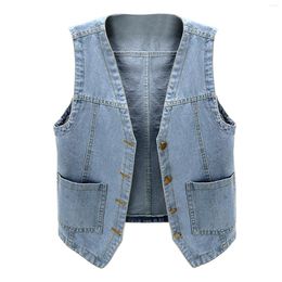 Women's Vests Plus Size Women Front Button Denim Waistcoat Vintage V Neck Sleeveless Vest Female Autumn Outerwear Cardigan Tops Casaco