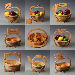 Plates Bamboo Dried Fruit Plate Folding Basket Fashion Creative Tray Wood Products Craft Home Decorations