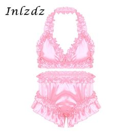 Mens Sissy Crossdresser Lingerie Suit Satin Frilly Ruffled Lingerie Set Bra Tops with Knickers Bloomers Briefs Gay Underwear Set267M