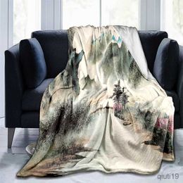 Blankets Chinese Ink Painting Mountain Stream Scenery Flannel Warm Blanket for Bed Sofa Bedding Plush Fluffy Soft Home Throw Blankets R230824