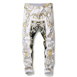 Sokotoo Men's Slim Print Jeans Fashion Flower Straight White Denim Pants Long Trousers310f