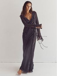 Basic Casual Dresses 2023 Sexy Low Cut V Neck Flared Sleeve Long Ruffle Dress For Women Spring Summer Club Party Maxi A2442 230824