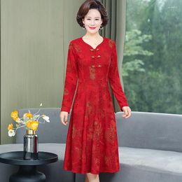 Casual Dresses V Neck Long Sleeve A-Line Dress Women Spring Peacock Jacquard Knee-Length Plus Size Office Lady Elegant Party