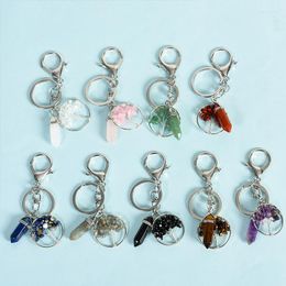 Keychains 10pcs Natural Chip Stone Tree Of Life Charms Keychain Amethyst Rose Quartz Chakra Hexagon Pillar Keyring Car Bag Pendants Bulk