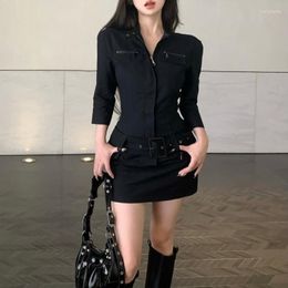 Casual Dresses Vintage Solid Colour Half Sleeve Dress Women 2023 Autumn Streetwear Sexy Slim-Fit Zipper Mini With Belt