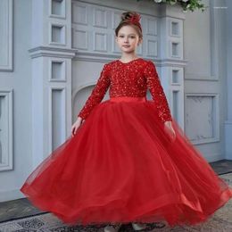 Girl Dresses Flower Sequined Tulle Zipper Back With Bow Round Collar Full Sleeve Princess Fluffy First Communion Birthday