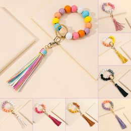 Wooden Bead Keychain Wrist Beaded Bracelet Keychain Tassel Key Chains Girls Bag Decoration Keyring Gift