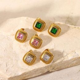 Stud Earrings Nordic Style Fashion Vintage Stainless Steel Square Ribbed Button Set Coloured Zircon Woman Earring Women