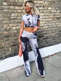 Women's Two Piece Pants Casual Pant Set For Women Pattern Print Round Neck Short Sleeve Crop Top High Waist Trousers Female Matching Outfits