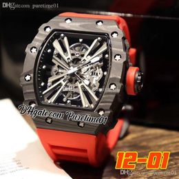 2022 Carbon Fiber Miyota Automatic Mens Watch All Black Skeleton Dial Red Rubber Strap Super Edition Puretime01 1201D42756