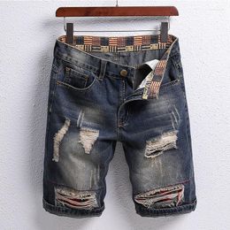 Men's Jeans Summer Torn Patch Stitching Denim Shorts For Men With Straight Sleeves Retro Curled Hem Five Point Trendy Style