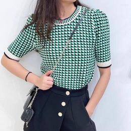Women's Sweaters Spring Summer Women Sweater Casual Green Plaid Round Neck Short-sleeved Loose Knitted WomenClothing