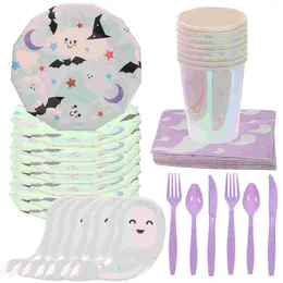 Disposable Dinnerware Halloween Paper Plate Cup Suit Plastic Dishes Supplies Fork Cutting Tool Child