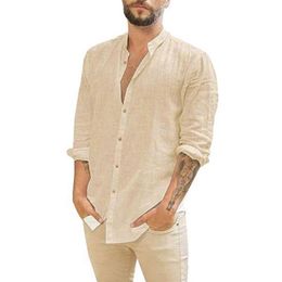 Men's Dress Shirts Cotton Linen Men's Long-Sleeved Shirts Summer Solid Colour Stand-Up Collar Casual Beach Style Plus Size 230824