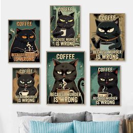 Canvas Painting Funny Cat Drinking Coffee Black Coffee Cartoon Cat Posters Murder Is Wrong Quote Modern Wall Art Living Room Bedroom Home Decor No Frame Wo6