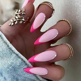 False Nails Ins Sweet Pink Rose Red Nail Patch Almond Glossy Korean Style Fake Wearable 24pcs Artificiall