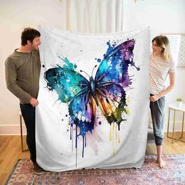 Blankets Butterfly Flannel Throw Blanket Watercolour Painting Moon Blanket for Car Bed Sofa Couch Decoration Lightweight Soft Girl Gift R230824