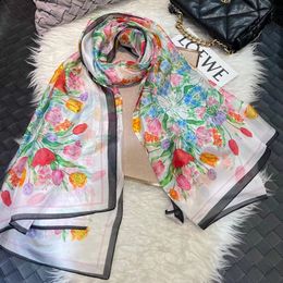 Scarves White 100% Silk Long Scarf Shawl Summer Tulip Design Women Beach Shawls Cover-ups Elegant Fall Winter Natural Silk Scarfs 230823