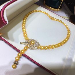 Choker HABITOO Gorgeous Natural 9-10mm Yellow Freshwater Pearl Necklace Bracelet Jewellery Set Feather Cubic Zircon Clasp For Women Gift