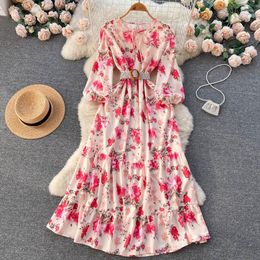 Casual Dresses Elegant Women Summer Bohemian Floral Maxi Dress Runway Designer Lace-Up Loose Waist Flower Print Chiffon Party