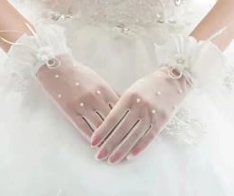 White Tulle Romantic Bridal Gloves Translucent Gauze Full Fingers Woman Gloves For Wedding Party With Pearls Summer Sun Protection ZZ