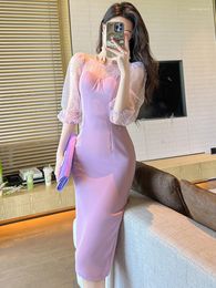 Casual Dresses Summer Fairy Long Evening Dress Women Elegant Luxury Purple Chic Lace Sheer O-Neck Slim Wrap Hip Midi Party Prom Mujer