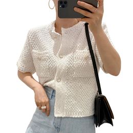 New fashion women's summer o-neck short sleeve knitted white color sweater tops single breasted cardigan