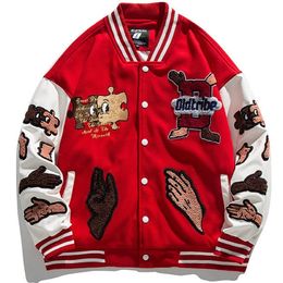 Men s Jackets High Street Baseball Men Patchwork Furry Hand Letter Embroidery Varsity Jacket Harajuku Casual Loose Red Coat Streetwear 230823