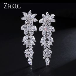 Stud ZAKOL Luxury Gorgeous Marquise Cluster Flower Shape Cubic Zirconia Long Dangle Drop Earrings for Brides Wedding Jewelry EP005 230823