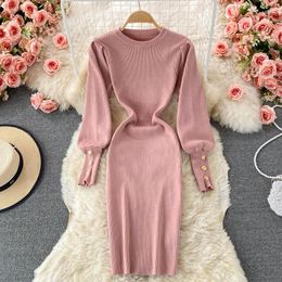 Casual Dresses Autumn Winter Lantern Long Sleeve Elastic Knitted Dress Women Slim Bodycon Sweater Ladies Bottom Knee-Length Vestidos