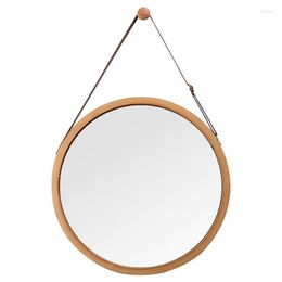 Bath Accessory Set Hanging Round Wall Mirror In Bathroom & Bedroom - Solid Bamboo Frame Adjustable Leather Strap