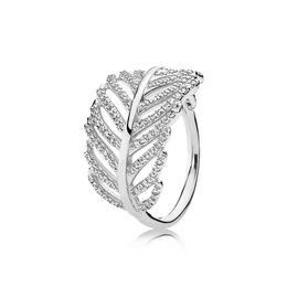 925 Sterling Silver Feather Wedding RING LOGO Original Box for Pandora Engagement Jewellery CZ Diamond Crystal Rings for Women Girls235H