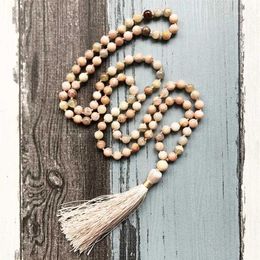 Chains Romantic Pink Tassel Necklace Gift For Her 108 Beads Energy Sunstone Mala Boho Knotted Yoga Jewelry Women1182G