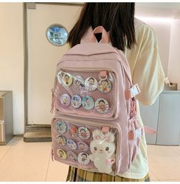 Backpacks Girls Large School Pink Ita Backpack for Pins Display Kawaii Nylon Women Transparent Pocket Itabag Mochila 230823