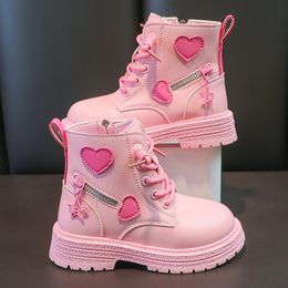Buty British Pu Cool Girls Autumn and Winter Casual Cotton Boots Soft Pink With Love Side Zip Princess Kids Fashion Girls Buty 230823