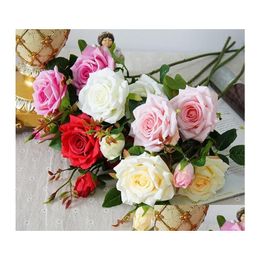 Decorative Flowers Wreaths Wedding Decoratio High Quality Artificial Vivid Real Touch Roses Silk Flower Bride Home 3 Heads/Bouquet Dh0X7