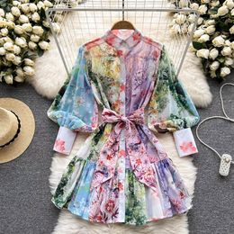 Summer Runway Bohemain Mini Dress Women's Stand Collar Lantern Sleeve Colorblock Single Breasted Ruffles Beach Dress 2023317i