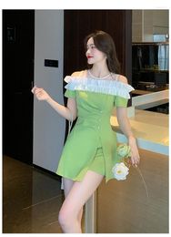 Work Dresses Real Po 2023 Summer Korea Style Women Suit Patchwork Cold Shoulder Tops And Shorts Fashion Two-Pieces Set