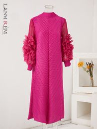 Basic Casual Dresses LANMREM Maxi Pleated Dress Round Neck Spliced Fungus Full Sleeve Dresses For Women Spring Clothing 2Qa1331 230823