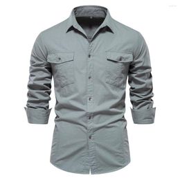 Men's Casual Shirts 2023 Autumn Military Style Cotton Pocket Shirt For Men Solid Colour Slim Long Sleeve